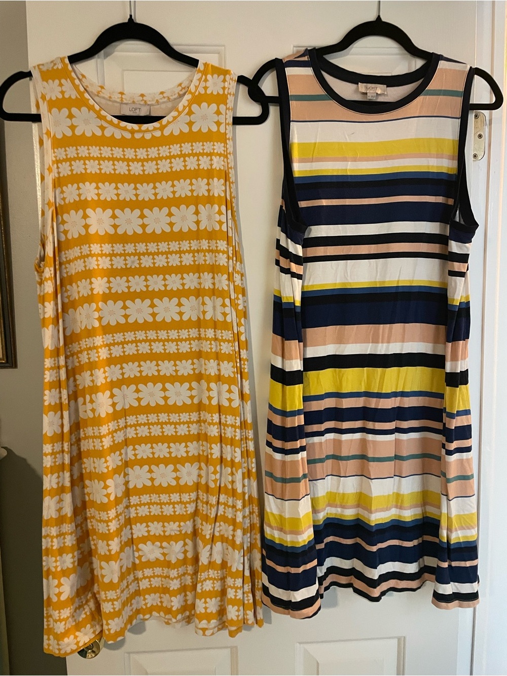 2 for 1: LOFT Yellow & White Floral and Striped Sleeveless Swing Dresses
